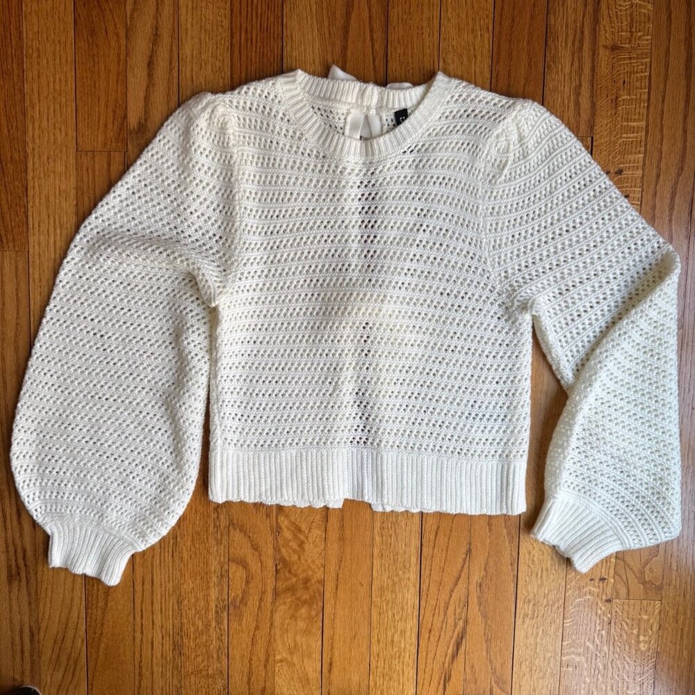 White Hole-Knit Open-Backed With Bows Sweater